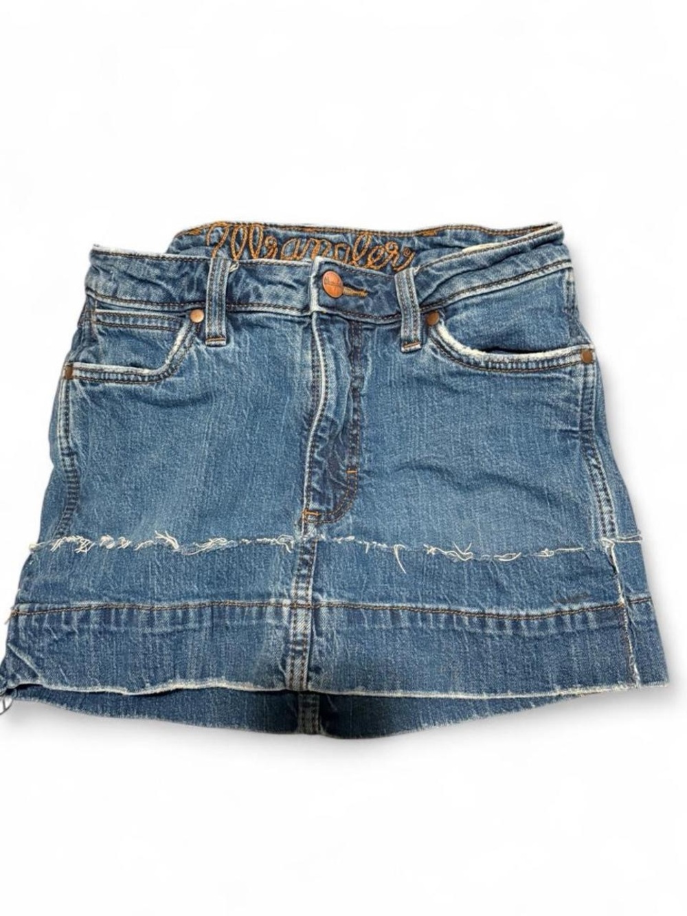 Wrangler Blue Denim Mini Skirt with Frayed Hem